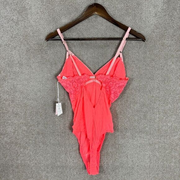 HAH‎ by Free People Bust Out Bodysuit Size Medium Fried Salmon Lace Mesh Top NEW - Picture 6 of 11